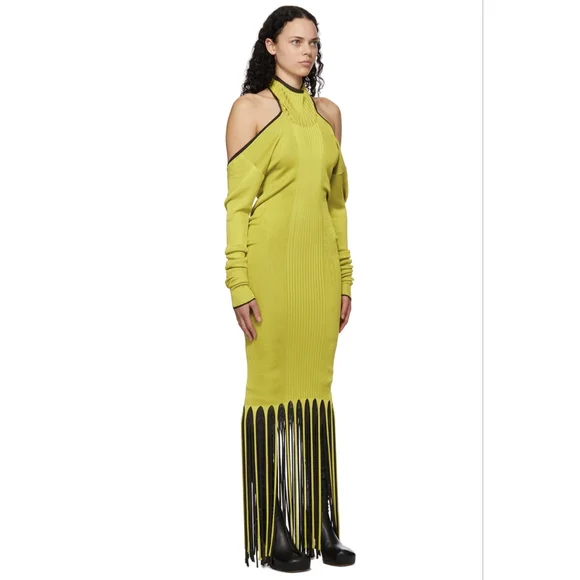 B3. NWOT BOTTEGA VENETA FRINGE TRIMMED RIBBED KNIT MAXI HALTER DRESS - Picture 3 of 9